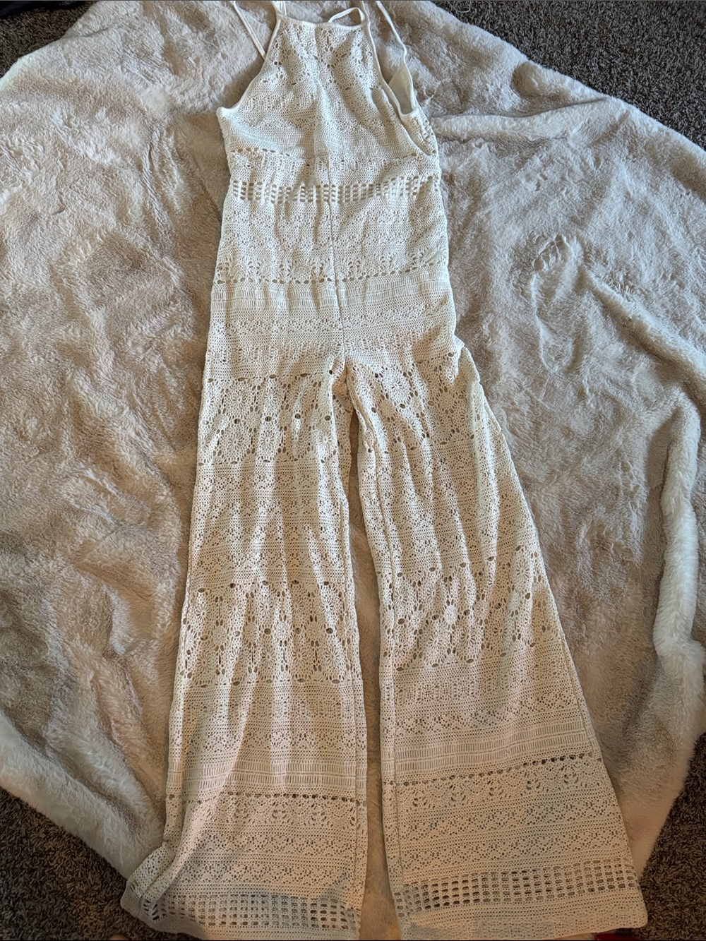 Free People Cream Crochet Halter Wide-Leg Jumpsuit